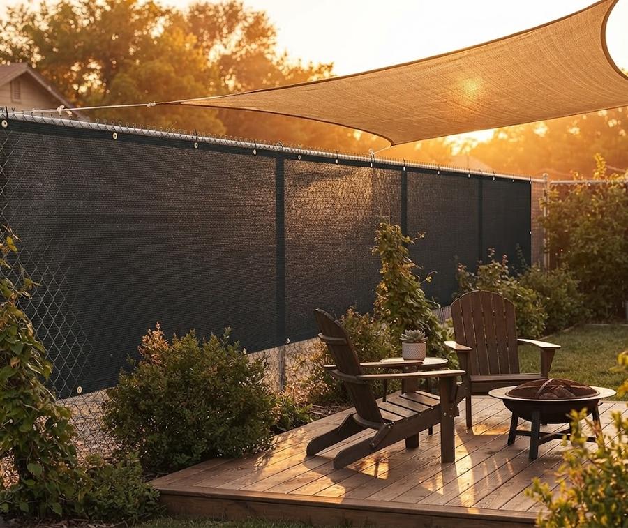 Heavy-duty black mesh screen down a side-yard fence run