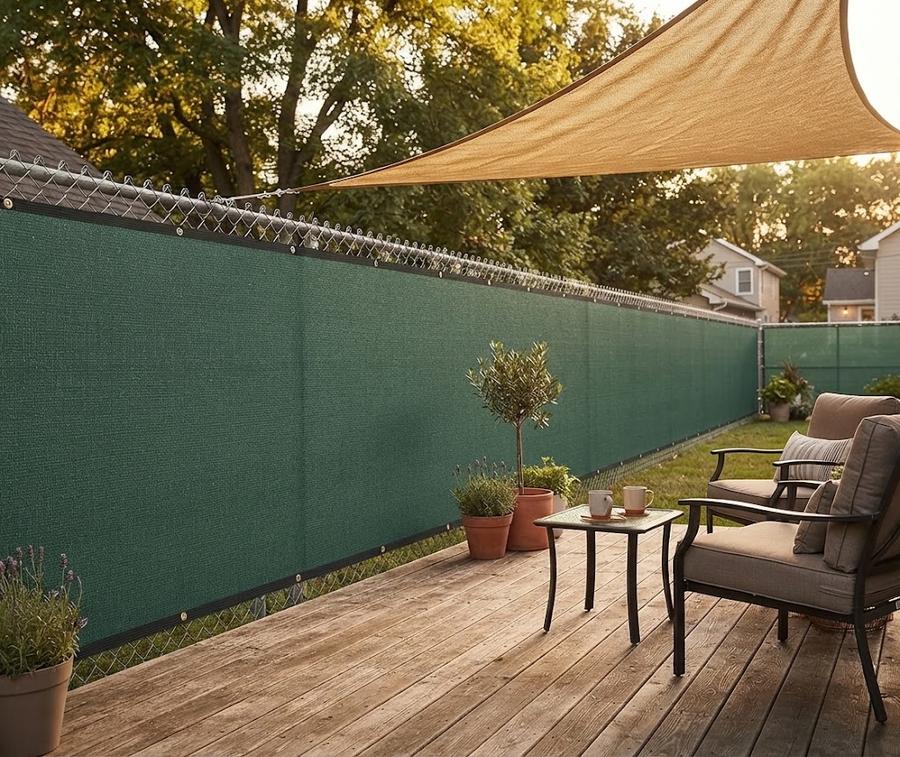 Green mesh privacy screen zip-tied along a chain-link fence