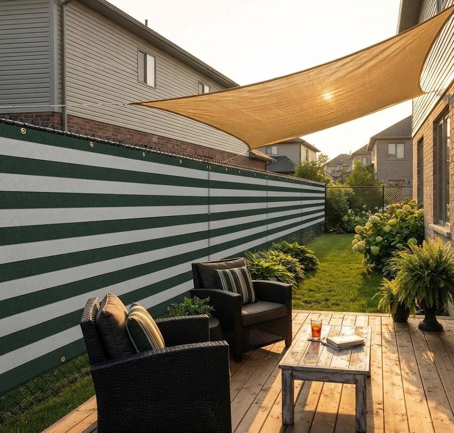 Striped balcony privacy screen on an apartment railing