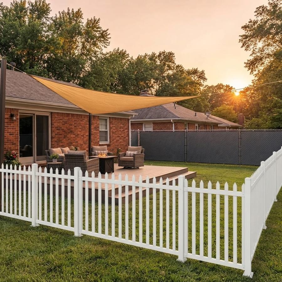 White vinyl picket panels along a porch border