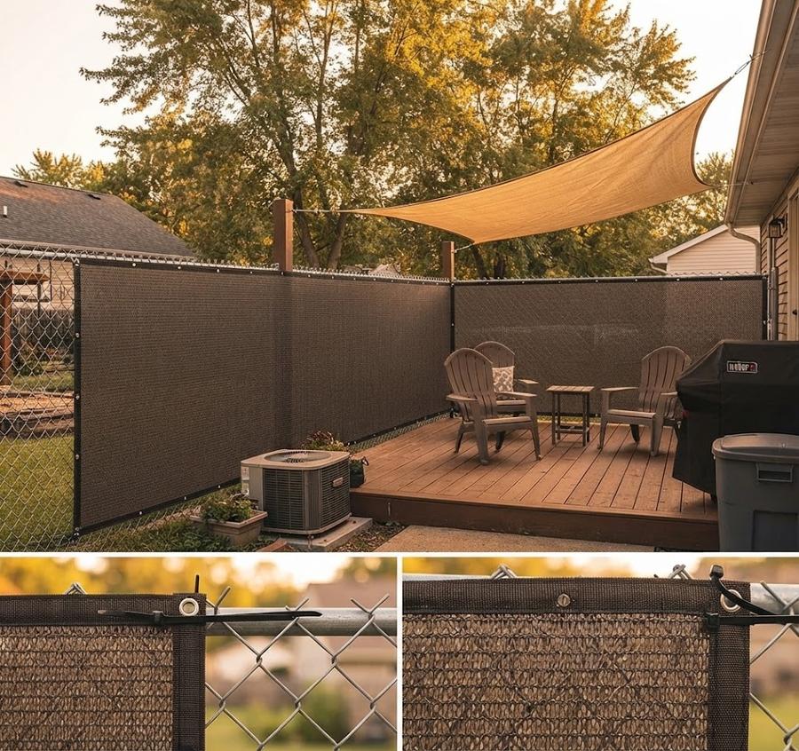 Freestanding fence kit staked into a bare lawn